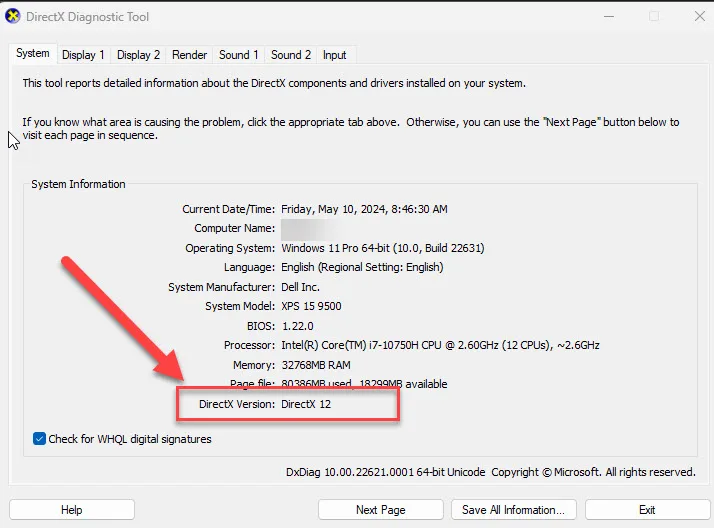 My DirectX System Information Results