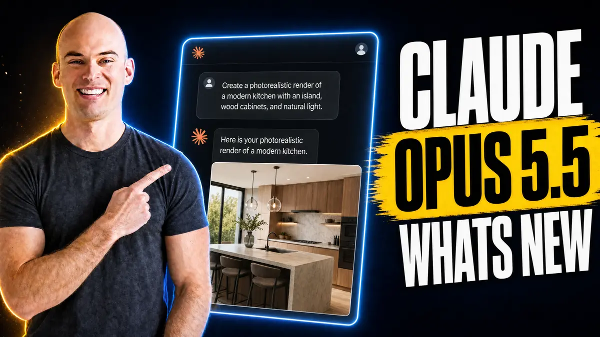 John Kaplar pointing to a Claude Opus 5.5 chat window generating a photorealistic modern kitchen render