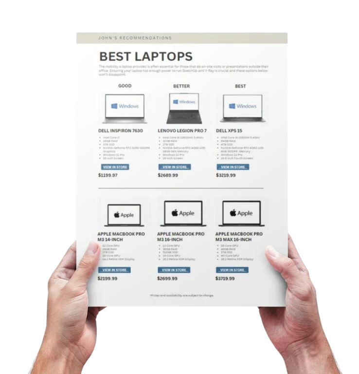SketchUp & AI Hardware Guide showing recommended laptops and desktops