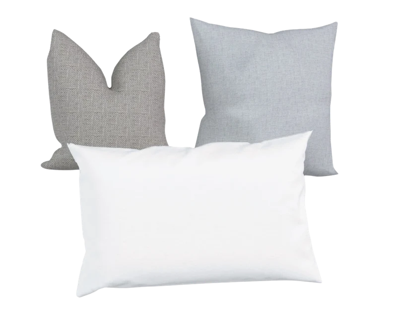 Three SketchUp pillow components — gray, white, and blue