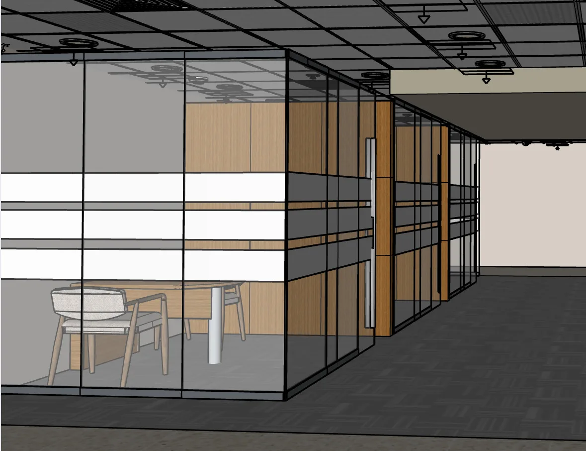 A SketchUp render of a corner office in Janet's commercial project.
