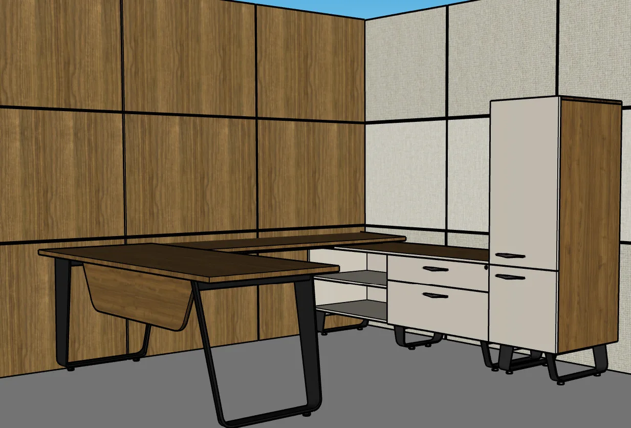 A SketchUp render of an office setup in Janet's commercial project.