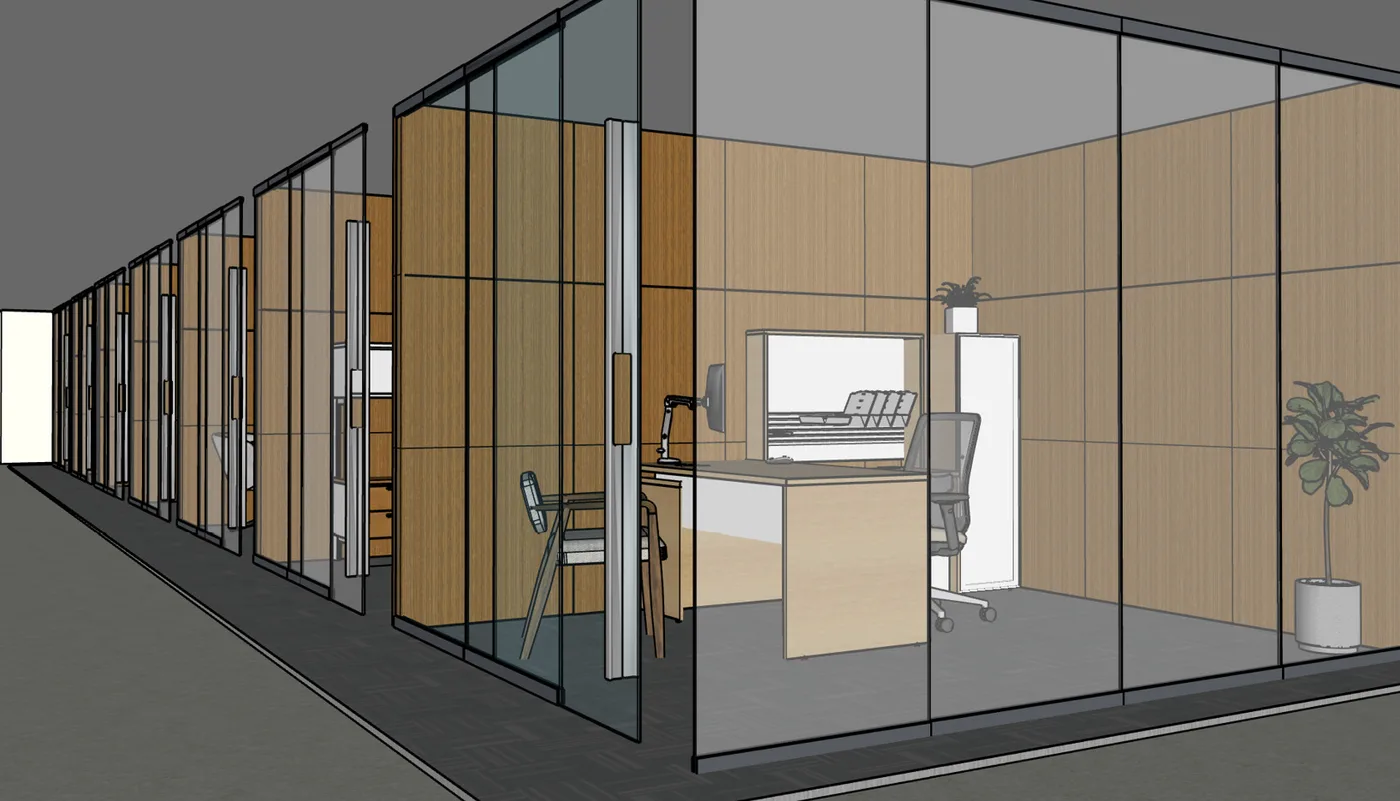 A SketchUp render of an office and hallway in Janet's commercial project.