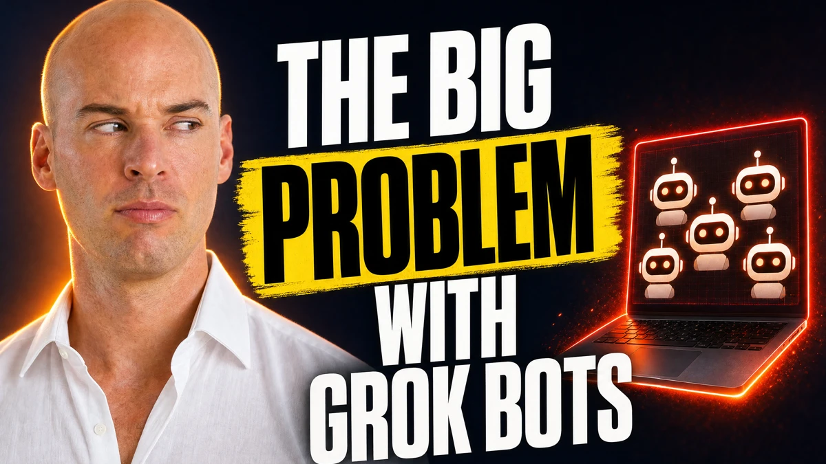 John Kaplar beside bold text reading 'The Big Problem with Grok Bots' and a glowing red-outlined laptop displaying robot icons