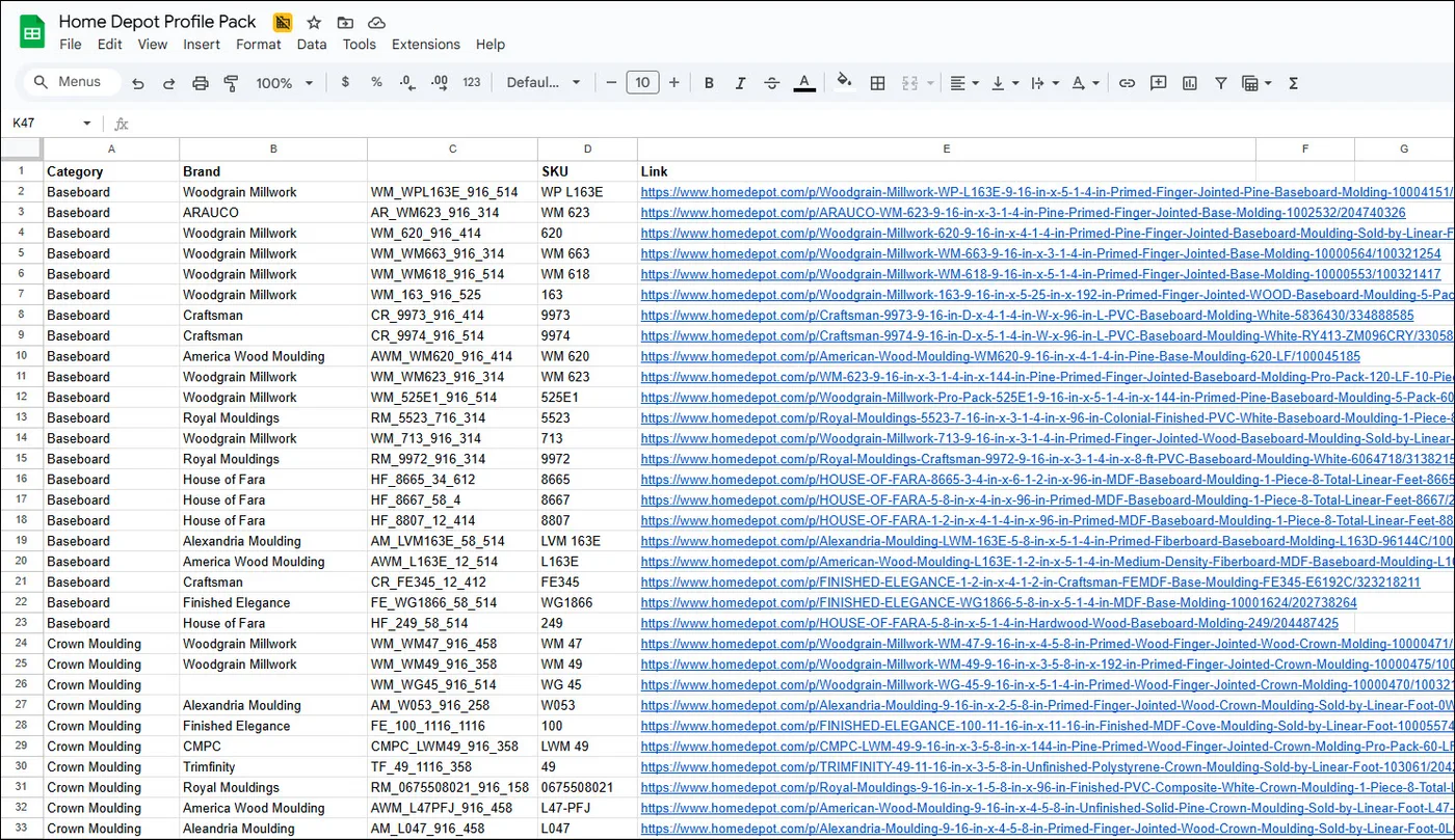 The shared spreadsheet that maps the profile SKU with the URL of the product at Home Depot