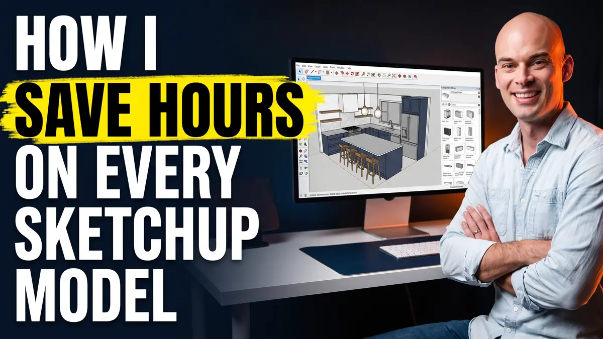 John at his desk with a SketchUp kitchen model and component library on screen