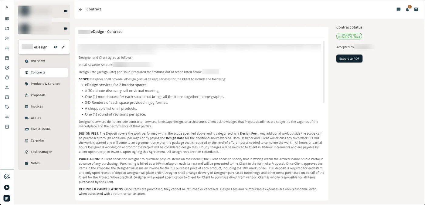 An example electronic contract in Mydoma that clients can easily sign.