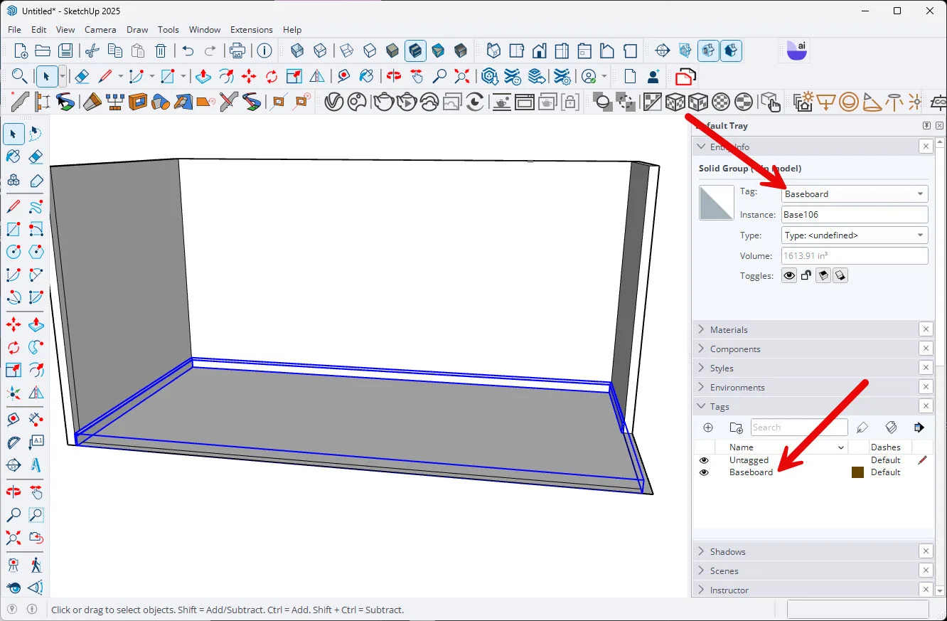 Tag the Baseboard group with the tag called 'Baseboards' so that SketchUp can calculate the length.