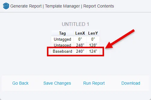 The Generate Report feature in SketchUp shows the length of the baseboards, which have the tag 'Baseboards'.