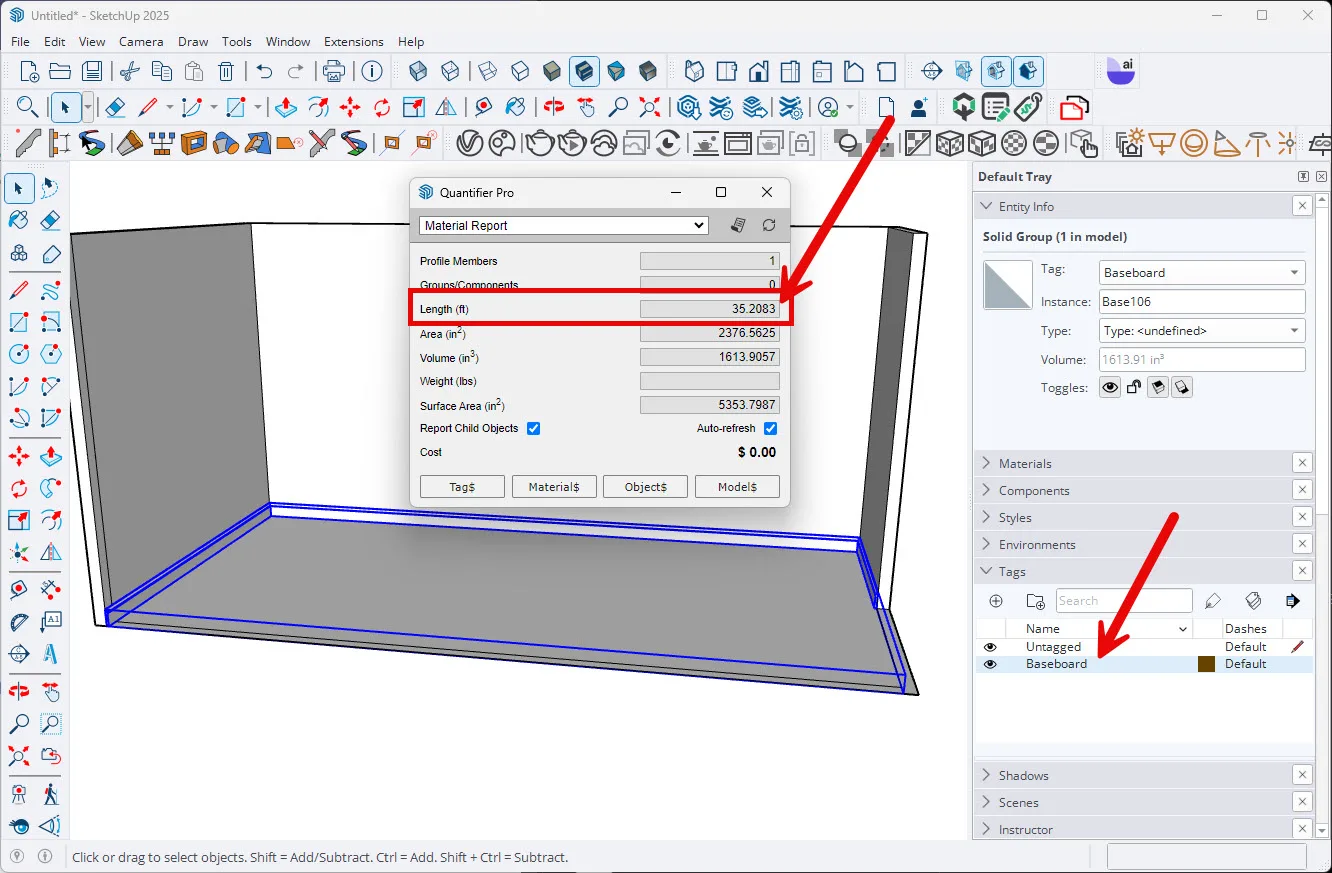Quantifier Pro calculates the length of the Baseboards and displays it in feet