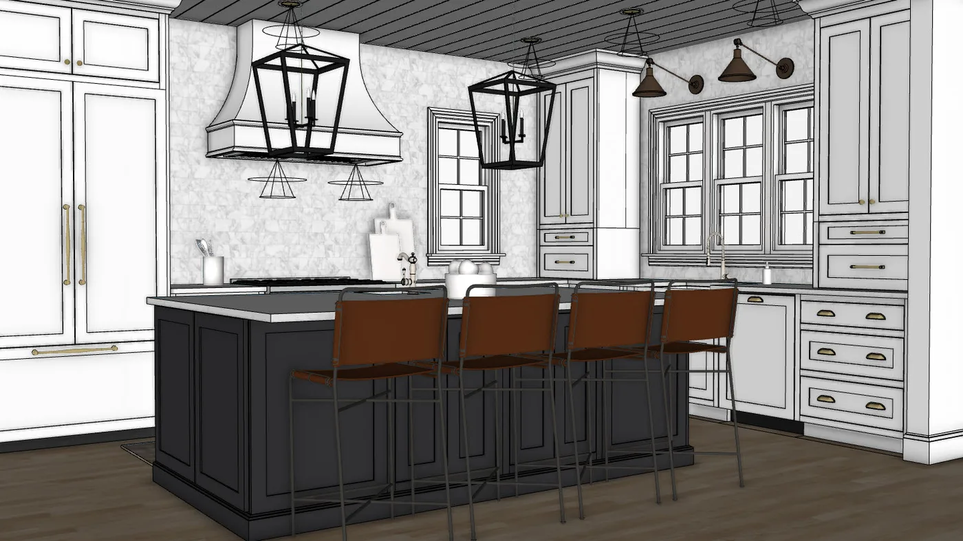 An example of a kitchen in SketchUp rendered with the Ambient Occlusion style