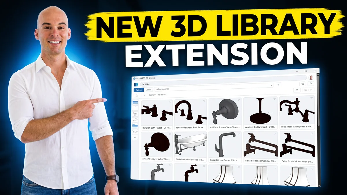 John pointing at the FOCUSED 3D Library panel showing a search for bronze faucets, range hoods and a clawfoot tub