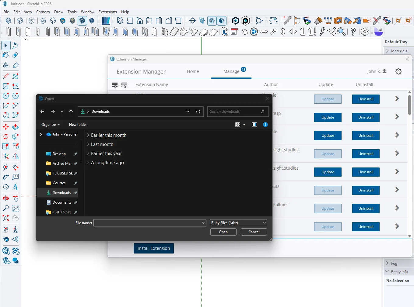 SketchUp Extension Manager with the Install Extension button