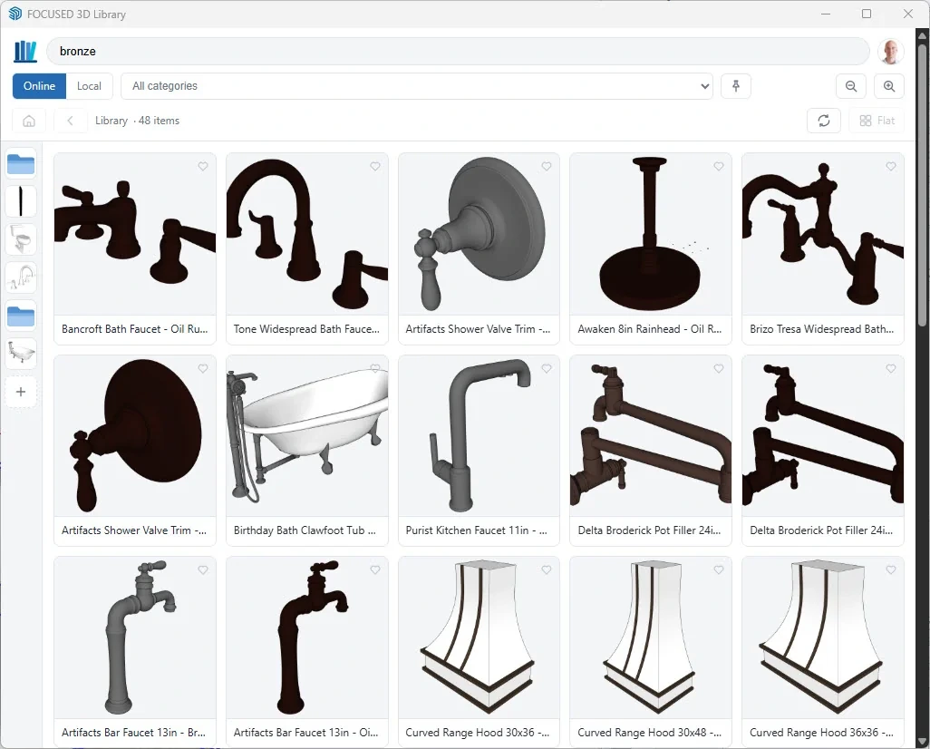 Search results for bronze in the FOCUSED 3D Library panel showing oil-rubbed bronze faucets, shower trim, a clawfoot tub and range hoods