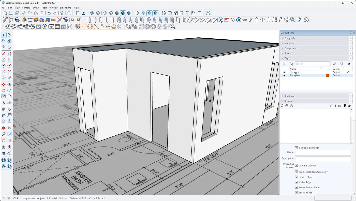 Creating 3D models from 2D floor plans using SketchUp.