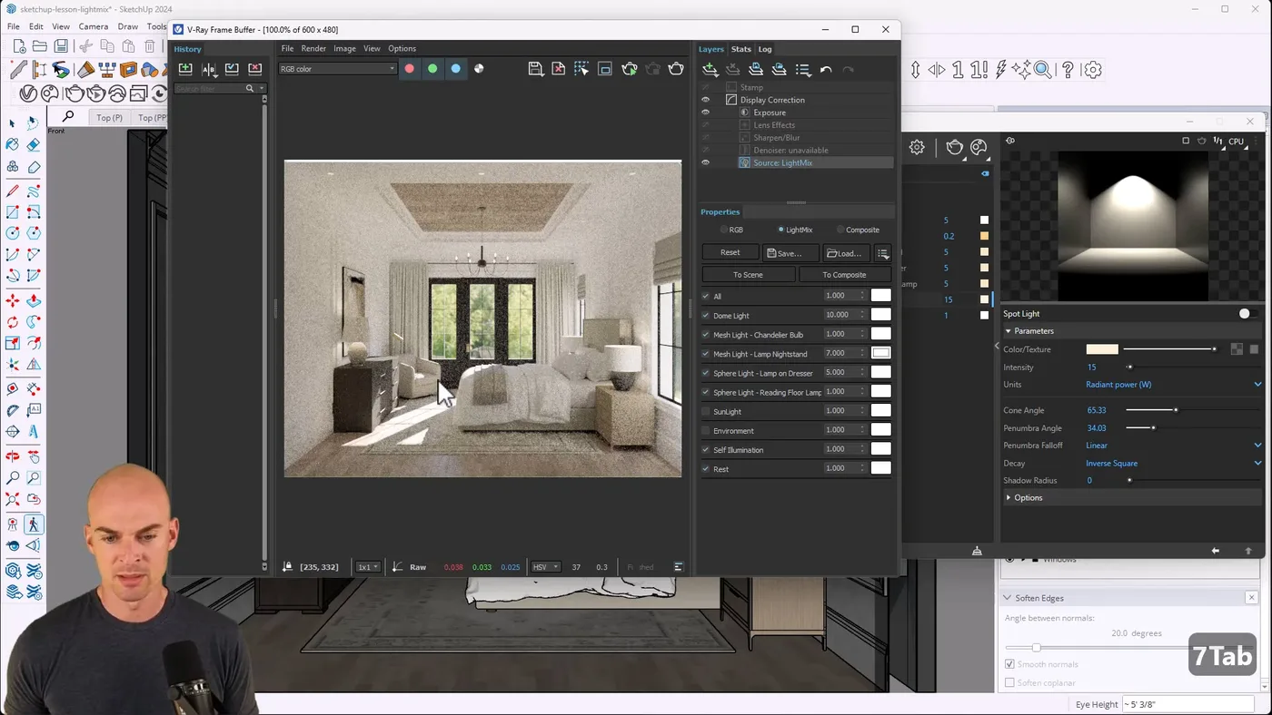 Using the V-Ray LightMix tool to adjust lighting in Sketchup