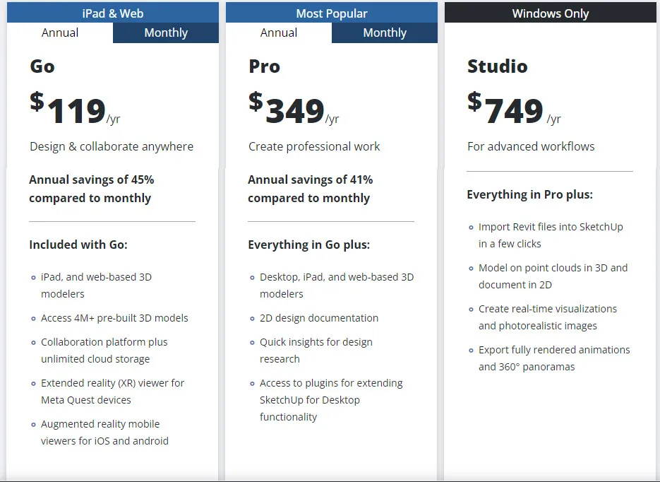 Sketchup Plans and Pricing as of 9/17/2024