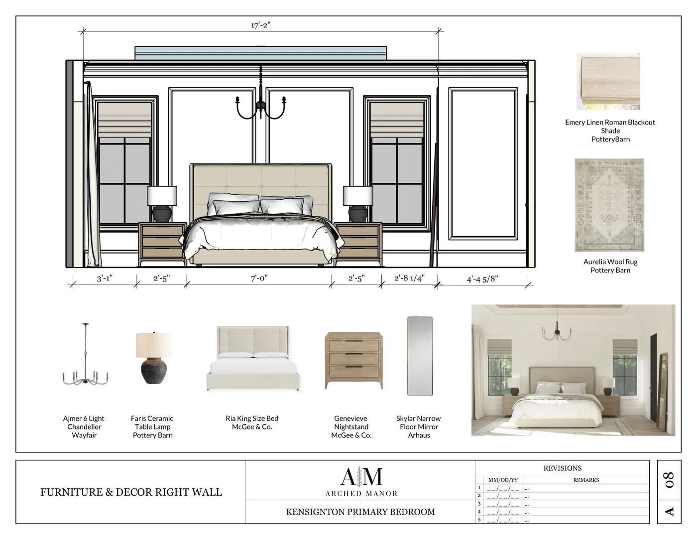 A LayOut document that shows a bedroom elevation, furniture, and render.