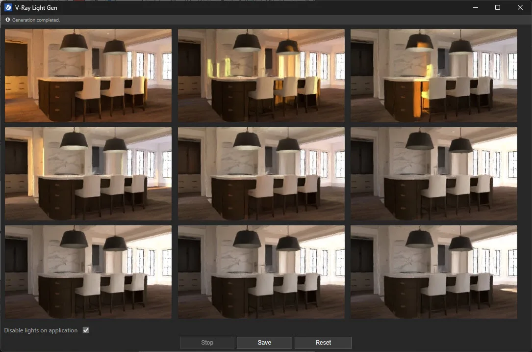 Nine lighting variations produced by LightGen for a kitchen design.