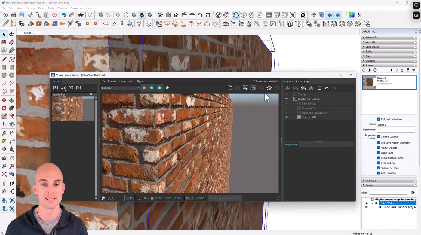 The V-Ray Frame Buffer displaying a render of a brick material on a wall.