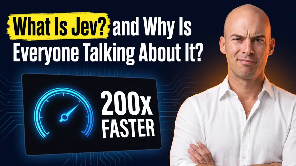 John Kaplar arms crossed with a skeptical look beside a dark panel showing a glowing blue speed gauge and '200x Faster' stat on a navy circuit-board background