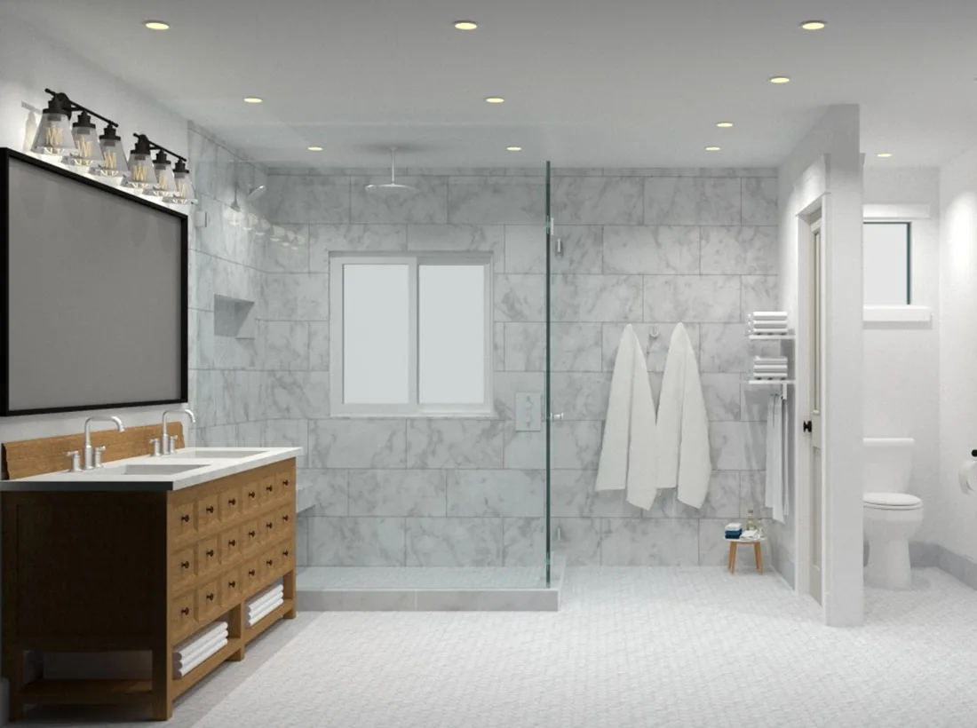 A photorealistic 3-D render of a bathroom