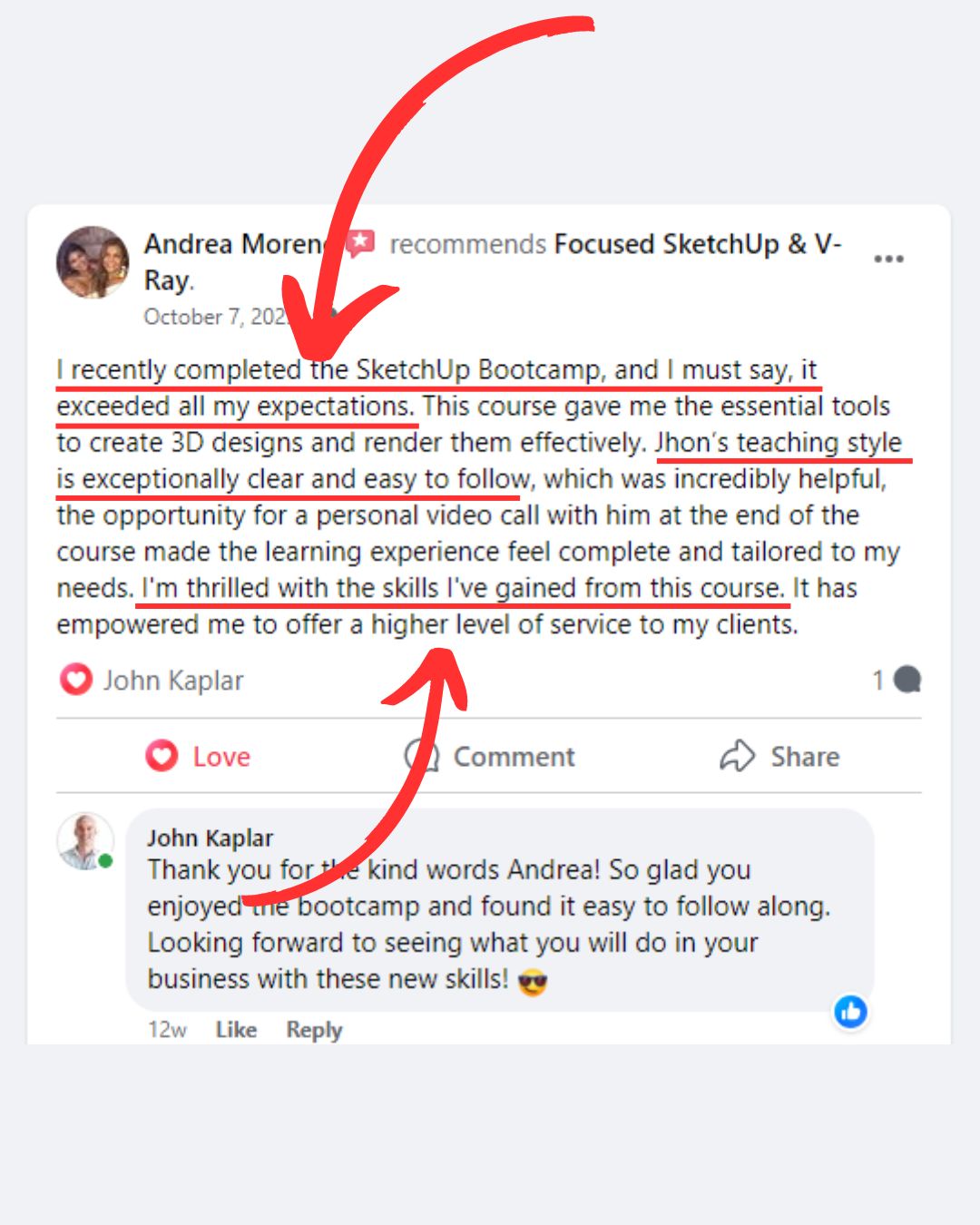 FOCUSED SketchUp student Facebook review