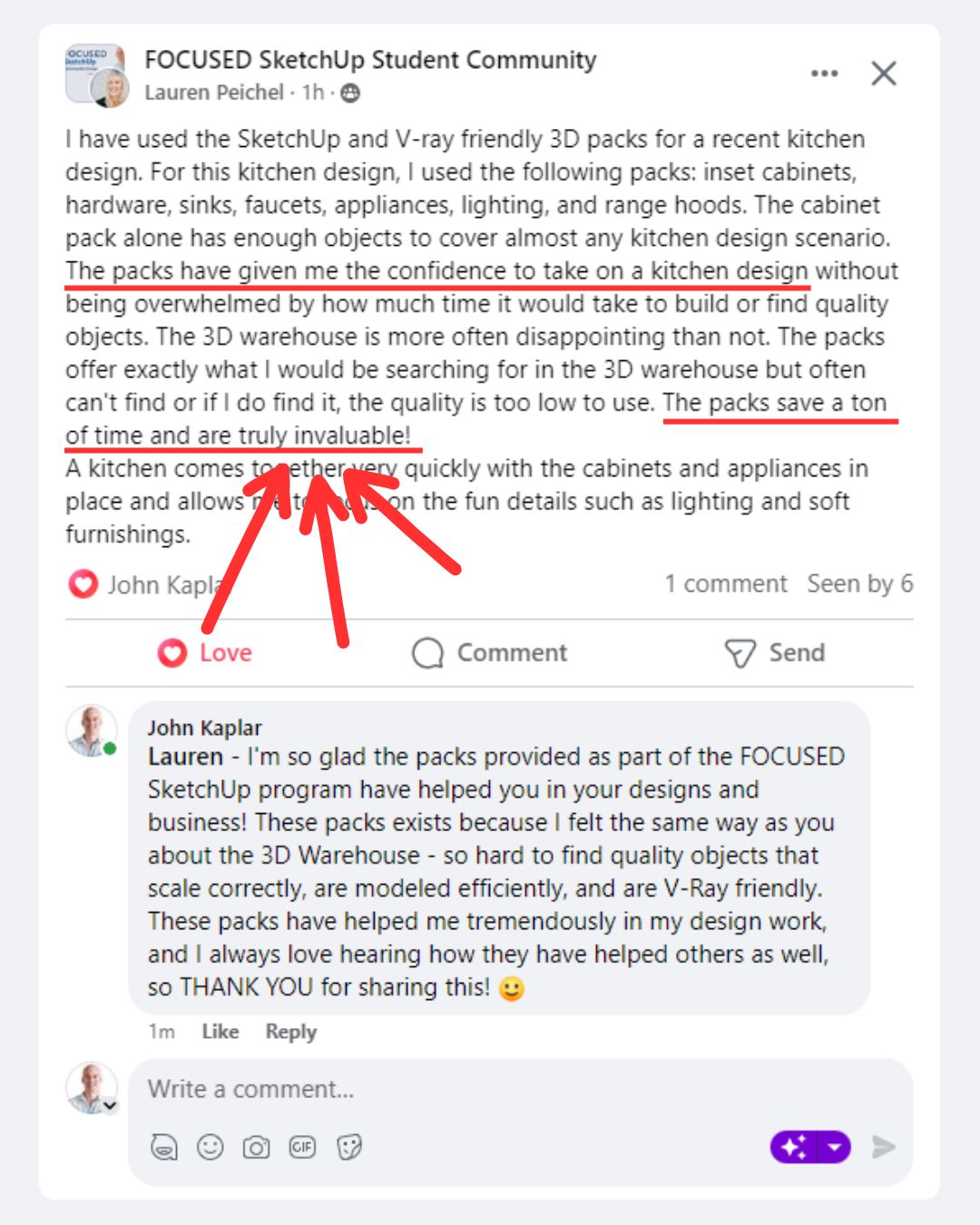 FOCUSED SketchUp student Facebook review