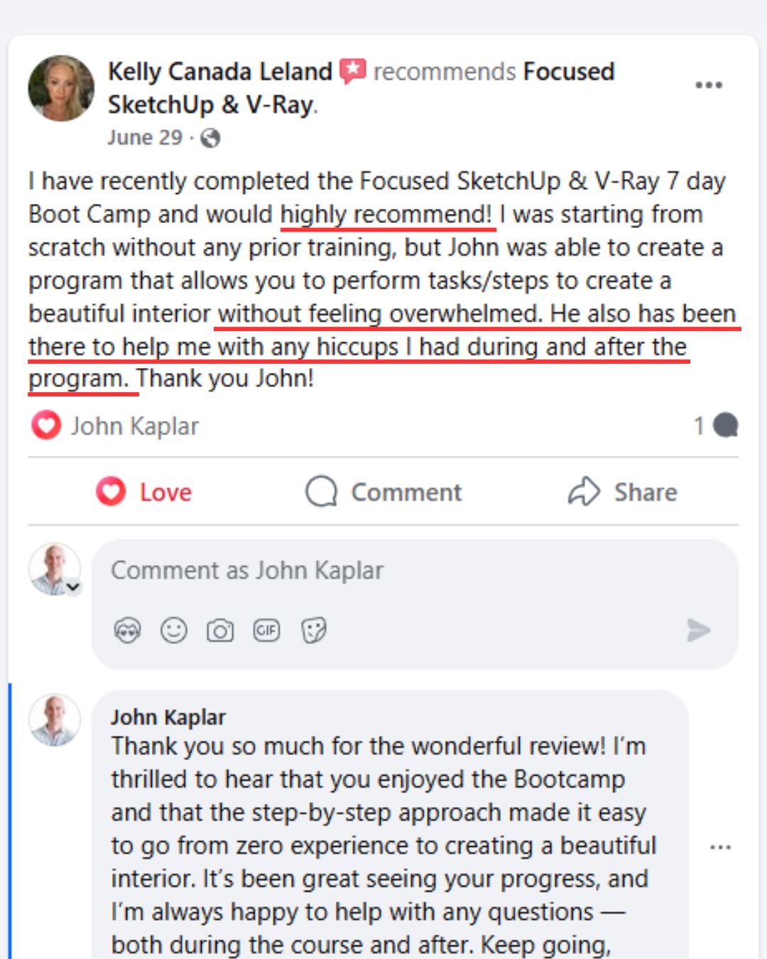 FOCUSED SketchUp student Facebook review