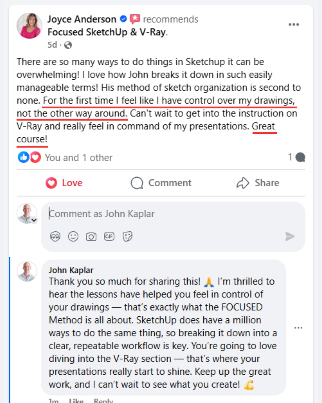 FOCUSED SketchUp student Facebook review