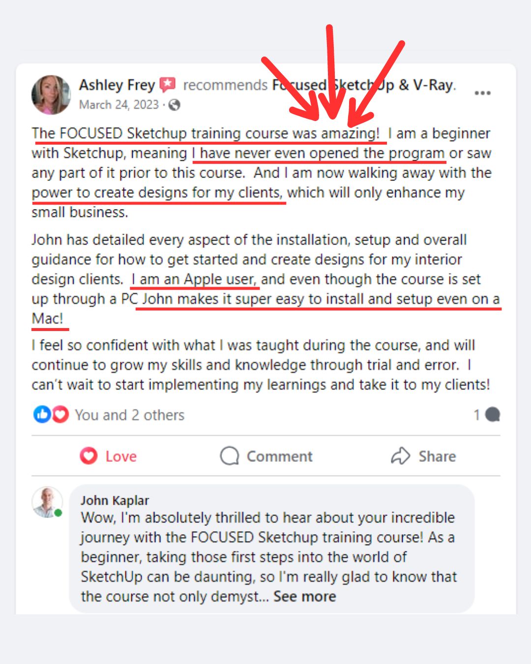 FOCUSED SketchUp student Facebook review