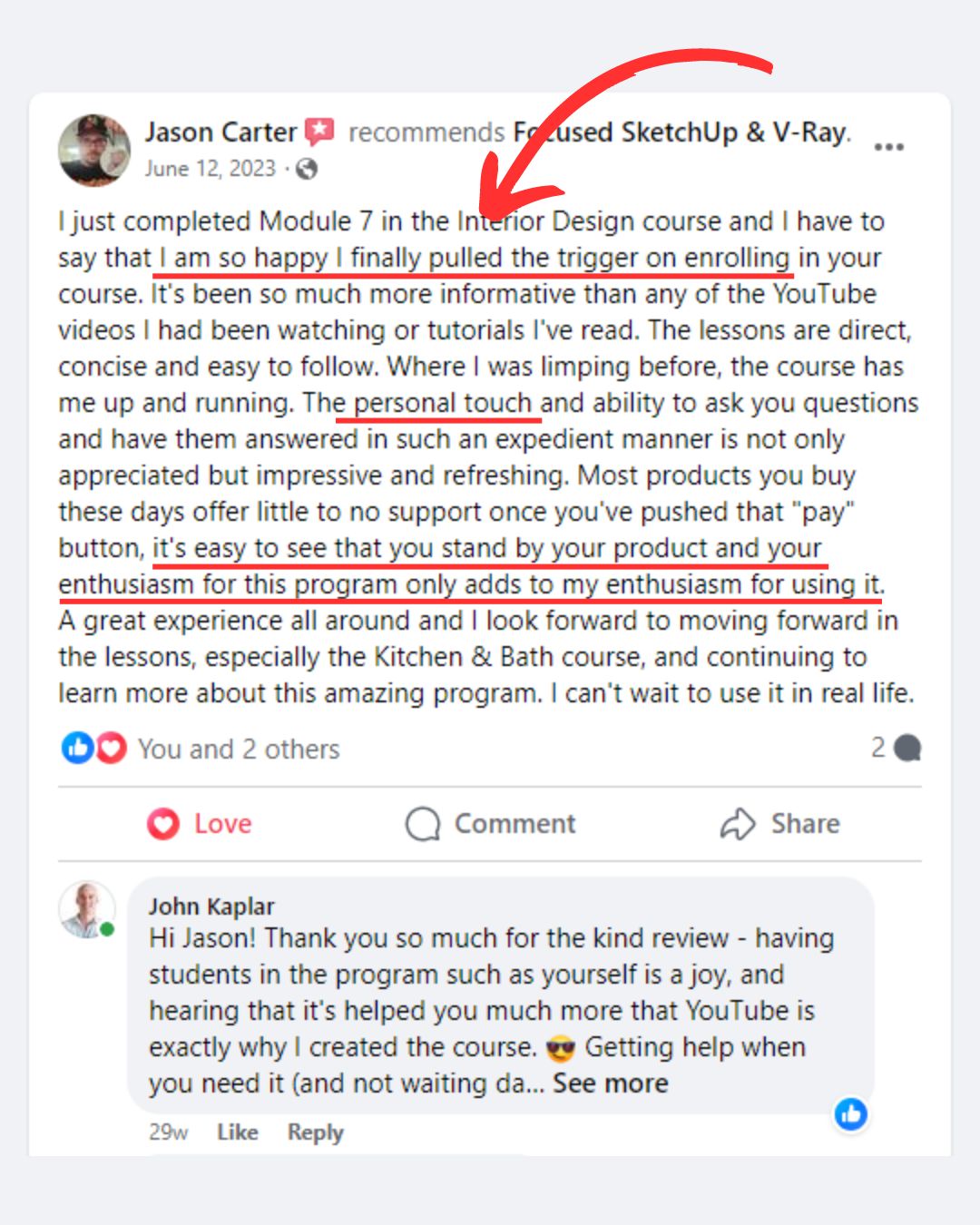 FOCUSED SketchUp student Facebook review