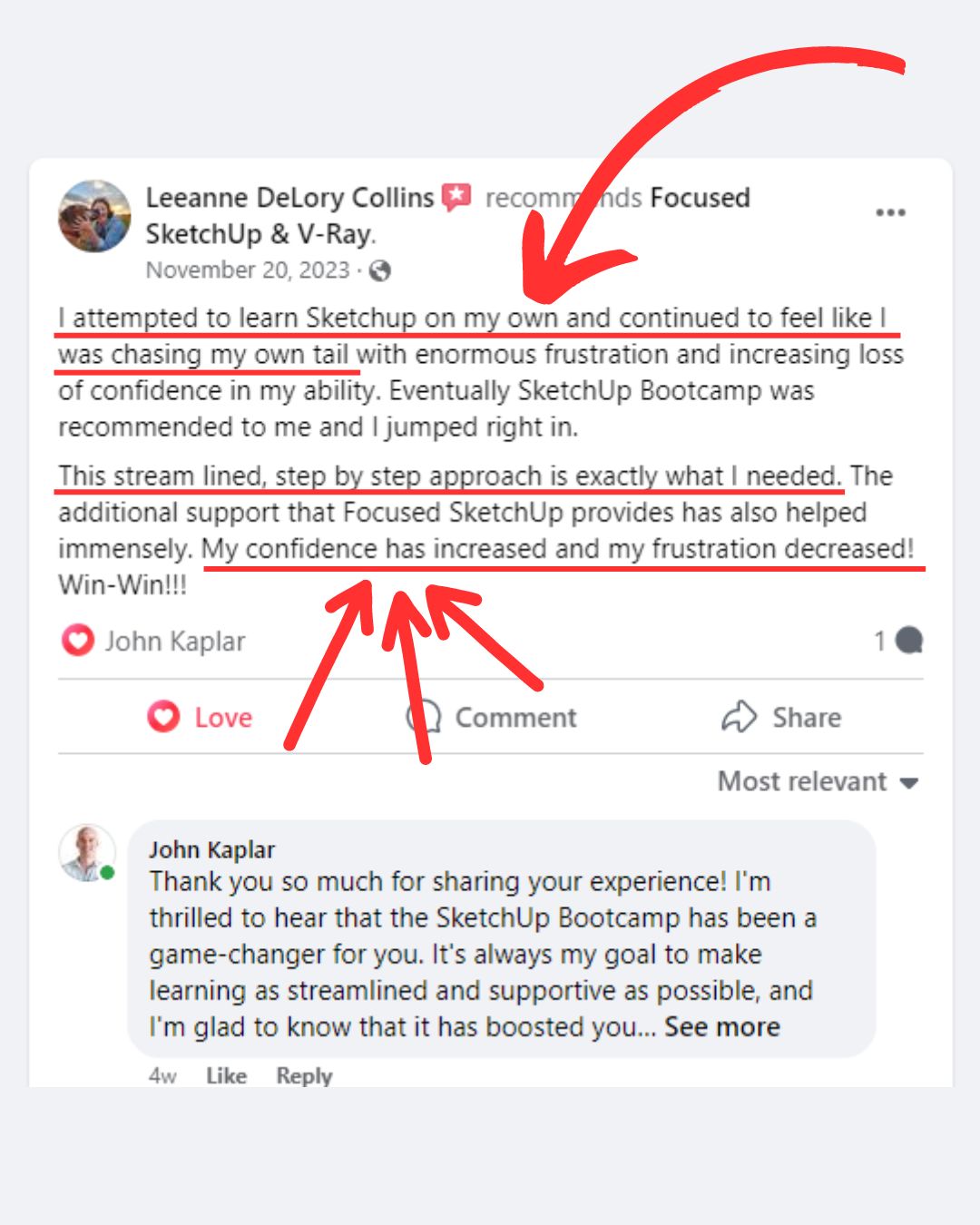 FOCUSED SketchUp student Facebook review