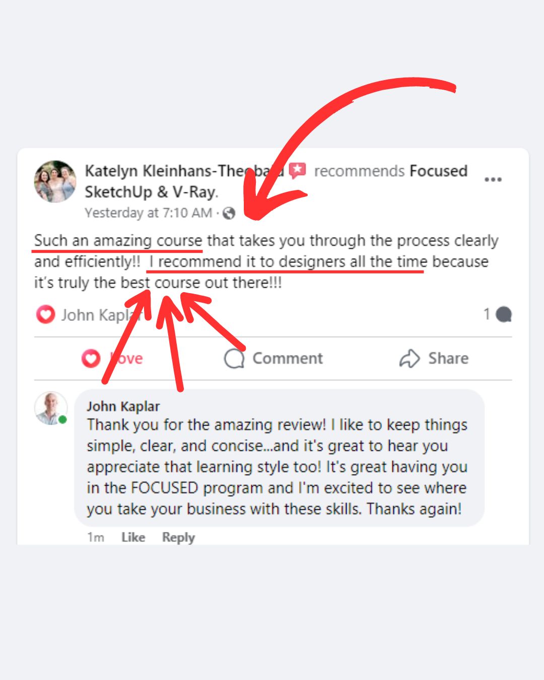 FOCUSED SketchUp student Facebook review
