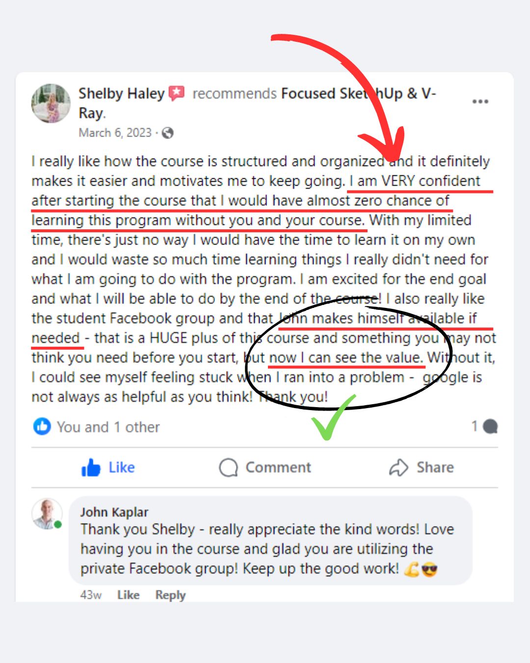 FOCUSED SketchUp student Facebook review