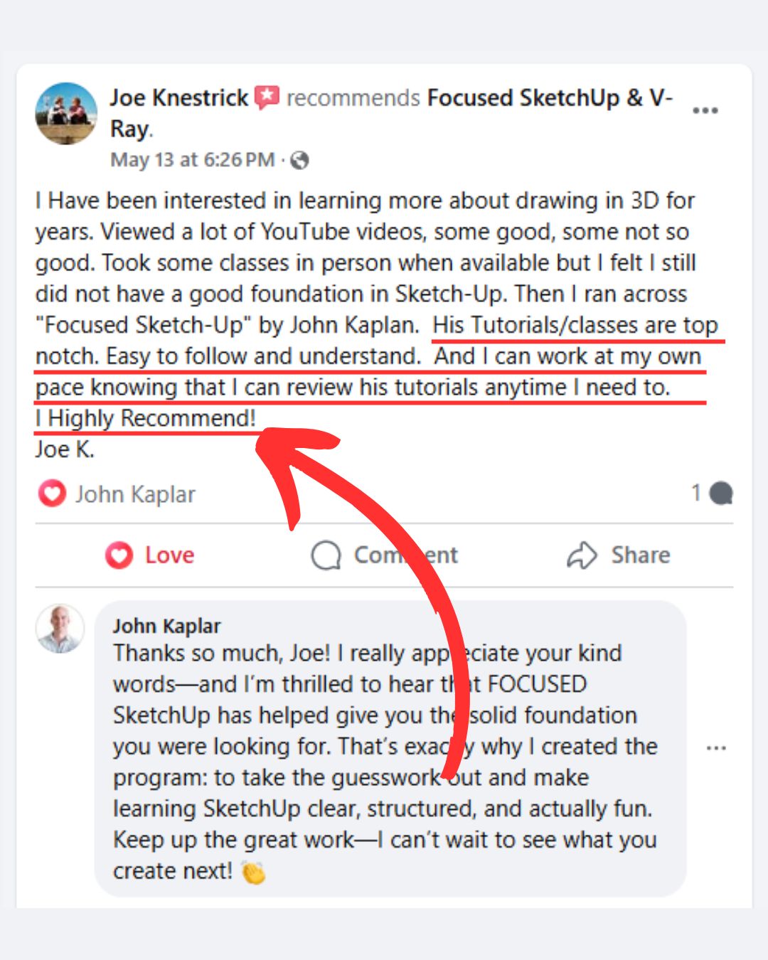 FOCUSED SketchUp student Facebook review