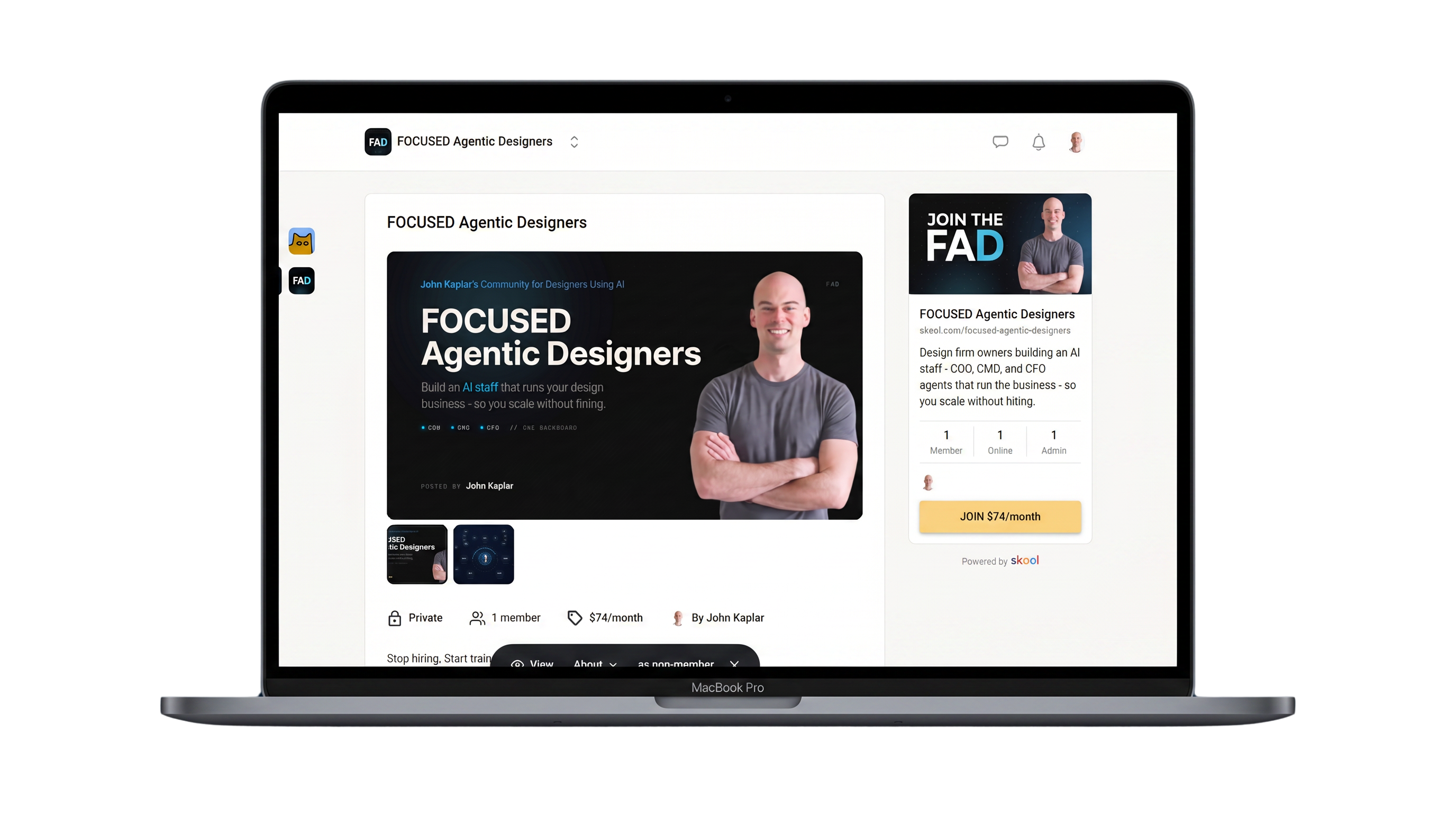 The FOCUSED Agentic Designers Skool community shown on a MacBook - lessons, discussion, member directory, and support forum in one place.