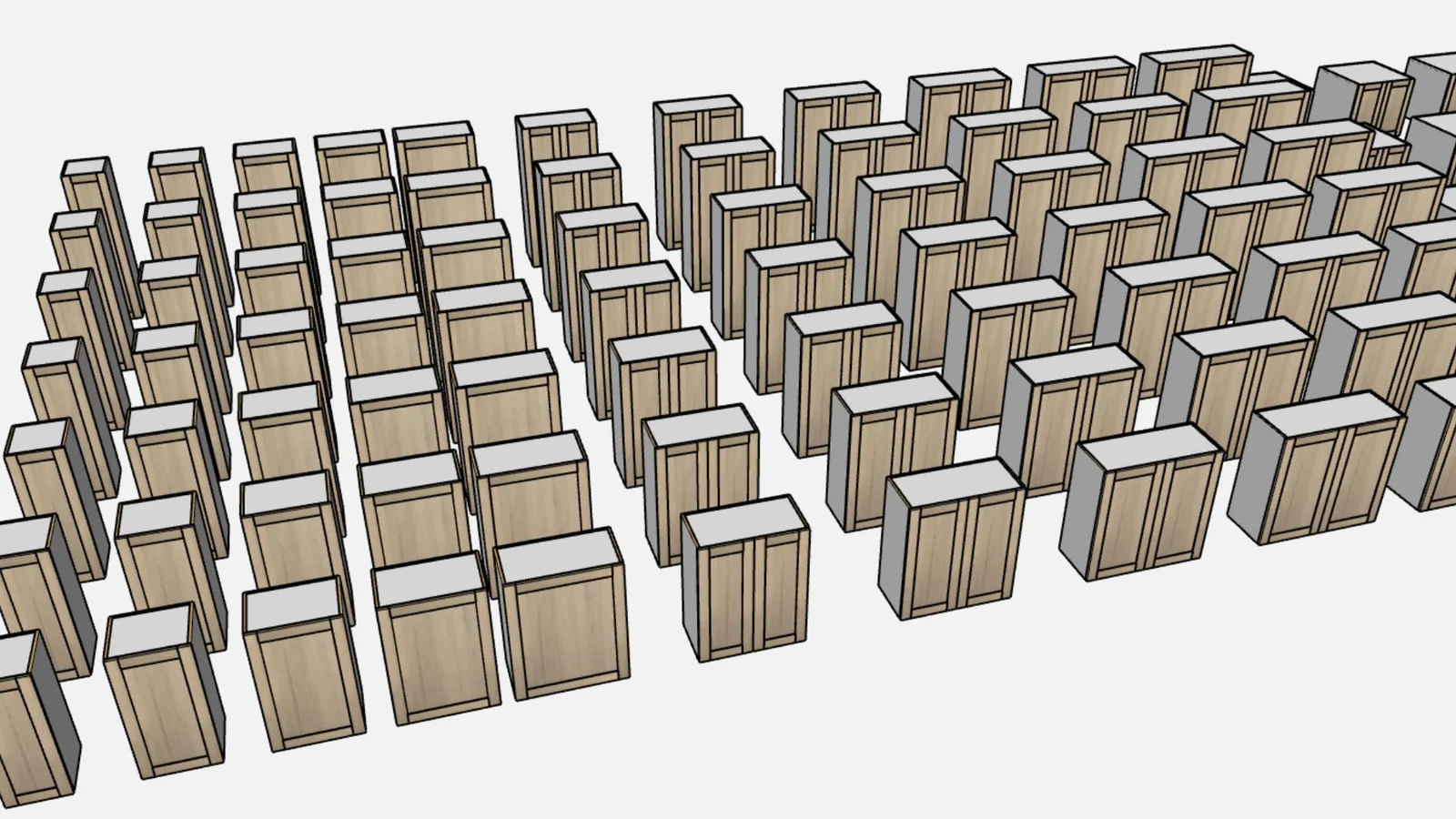 Frameless shaker cabinets staged in a kitchen render