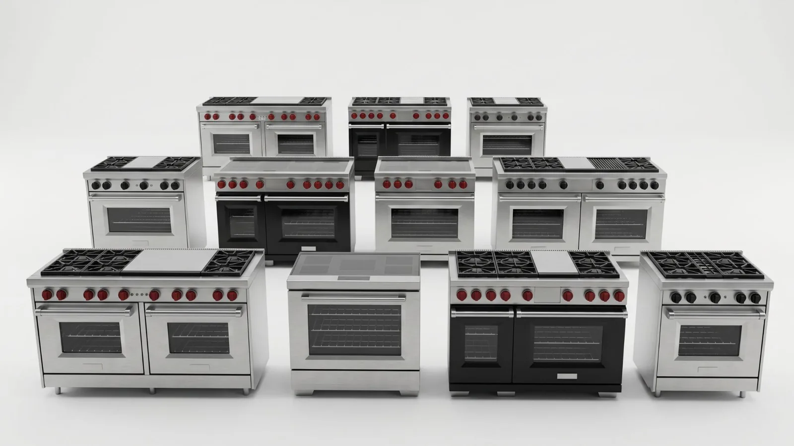 Range Pack cover render — professional-style ranges in stainless with double ovens, cooktops, and griddles