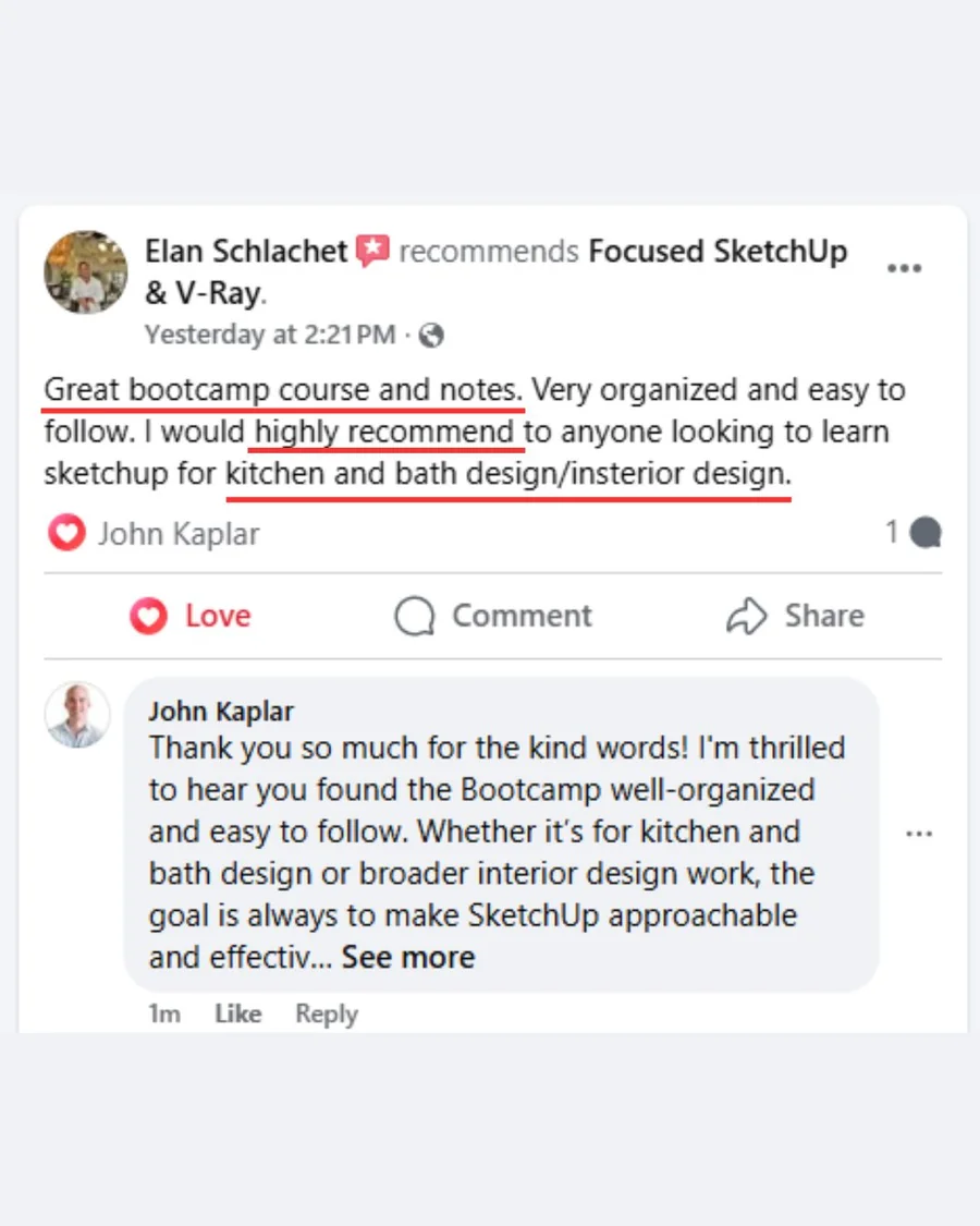 FOCUSED SketchUp student Facebook review