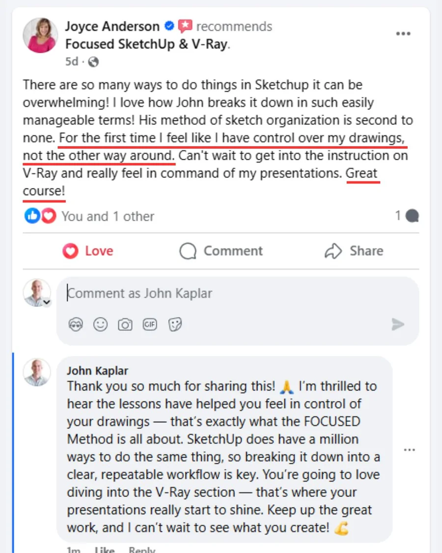 FOCUSED SketchUp student Facebook review