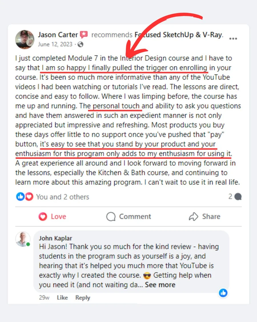 FOCUSED SketchUp student Facebook review