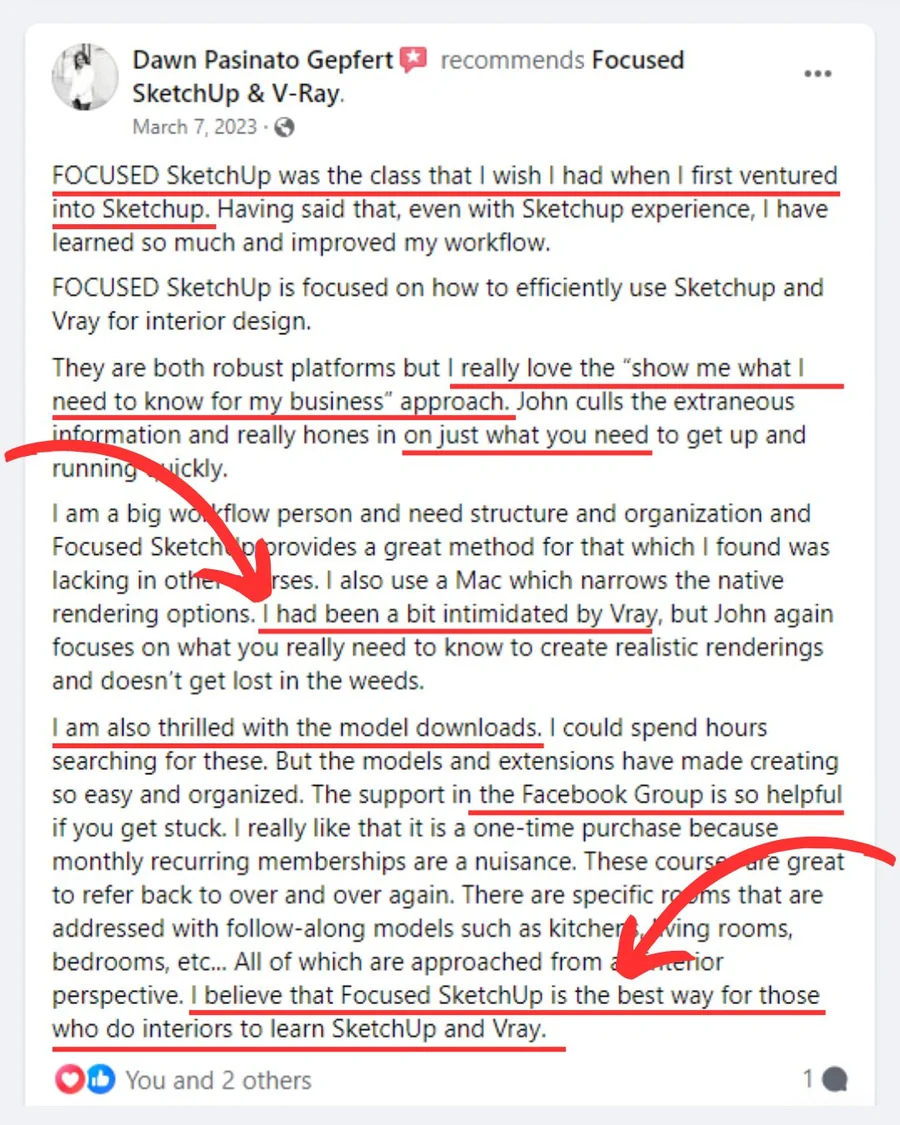 FOCUSED SketchUp student Facebook review