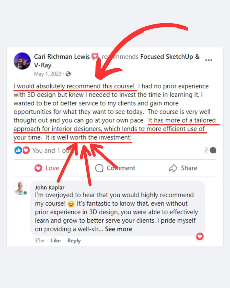 FOCUSED SketchUp student Facebook review