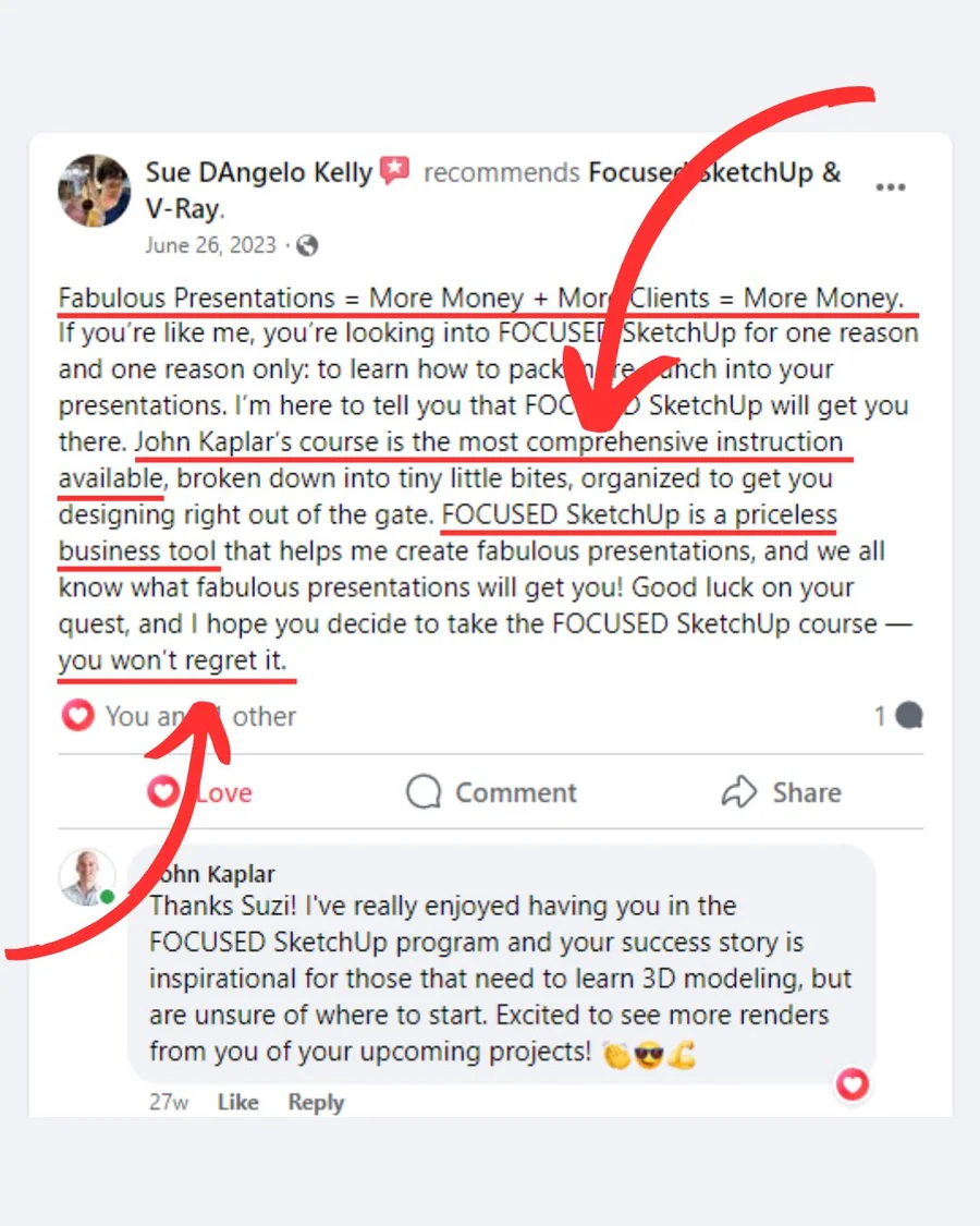 FOCUSED SketchUp student Facebook review