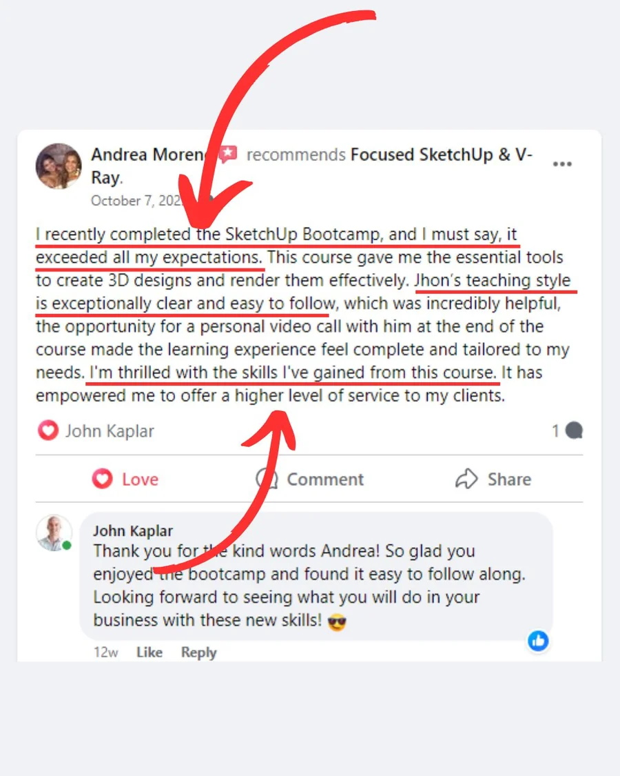 FOCUSED SketchUp student Facebook review