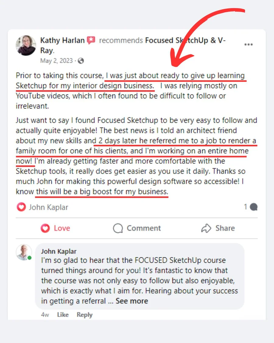 FOCUSED SketchUp student Facebook review