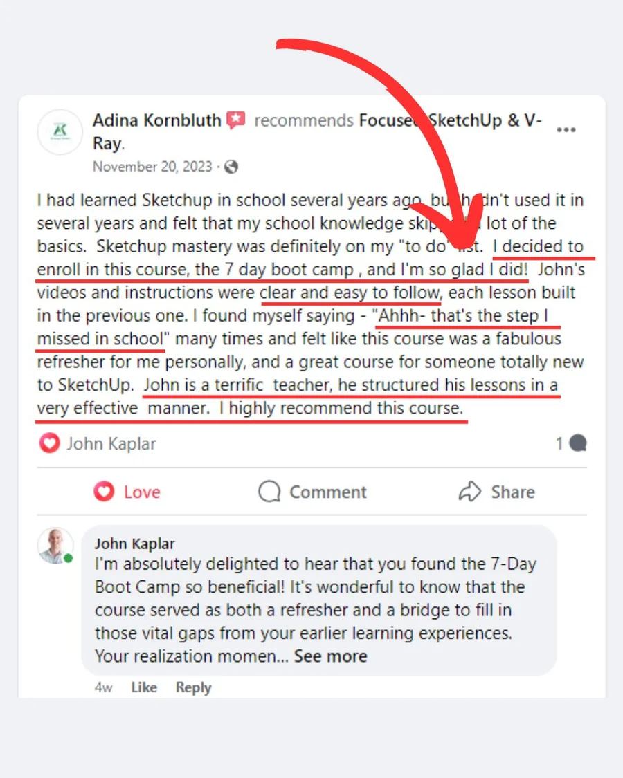 FOCUSED SketchUp student Facebook review