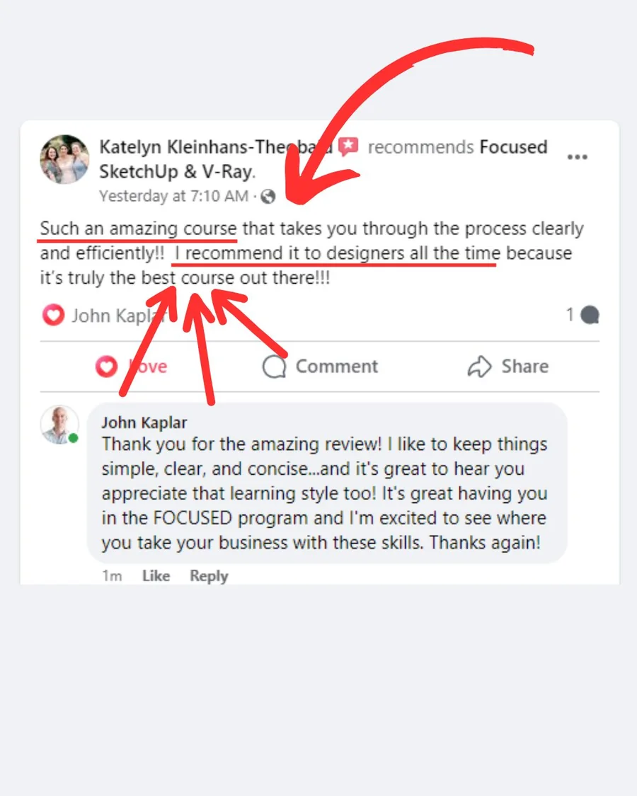 FOCUSED SketchUp student Facebook review