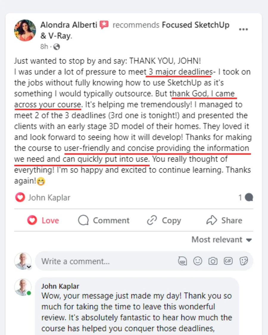 FOCUSED SketchUp student Facebook review